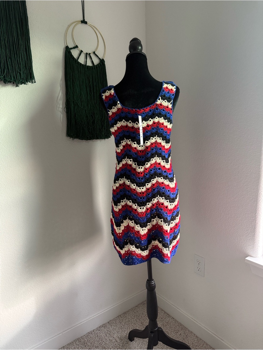 Vici Crochet Wave Tank Mini Dress in Blue, Red, Black & Cream - Picture 9 of 12